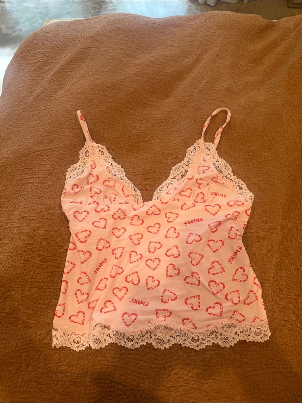 SKIMS Pink Heart Print Lace Trim Cami Tank Top